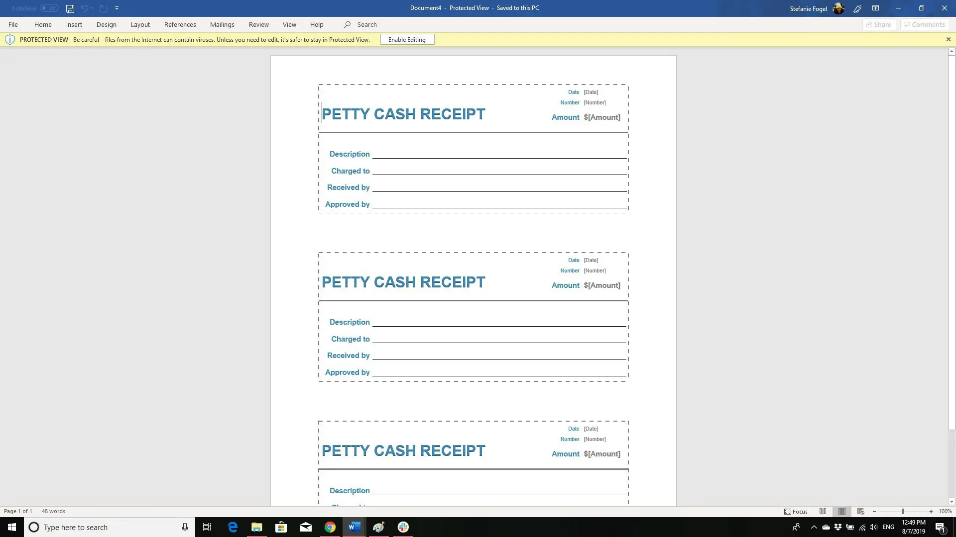 Captura de tela do modelo de recibo de caixa para pequenas despesas no Word