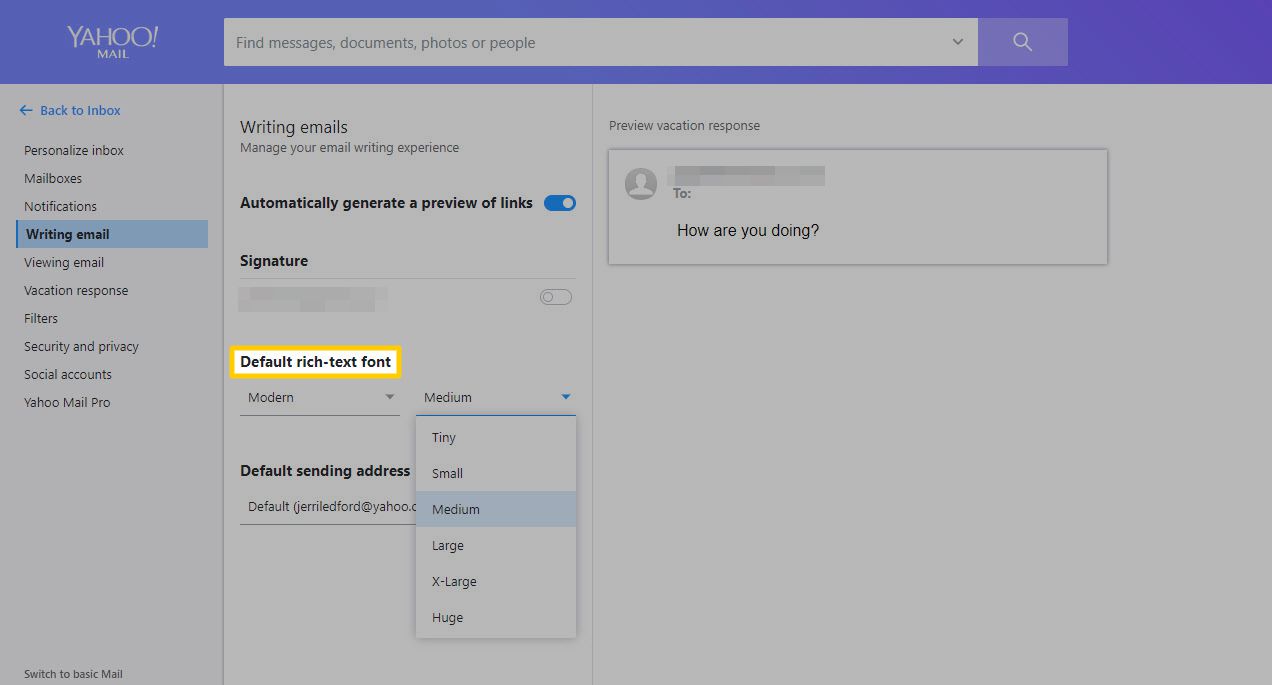 As opções de fonte rich text padrão no Yahoo!  Correspondência