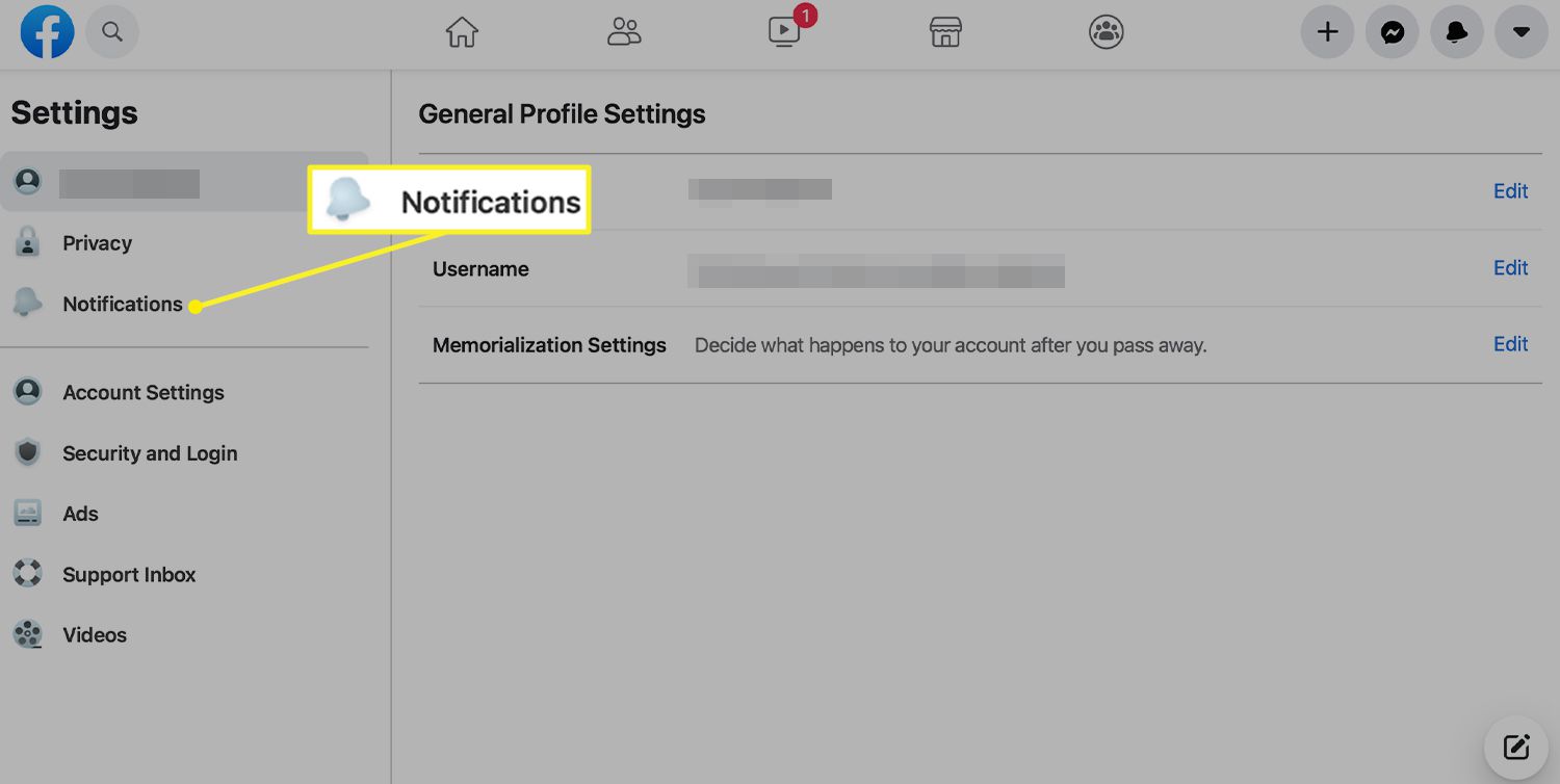 Configurações do Facebook com notificações selecionadas na barra lateral