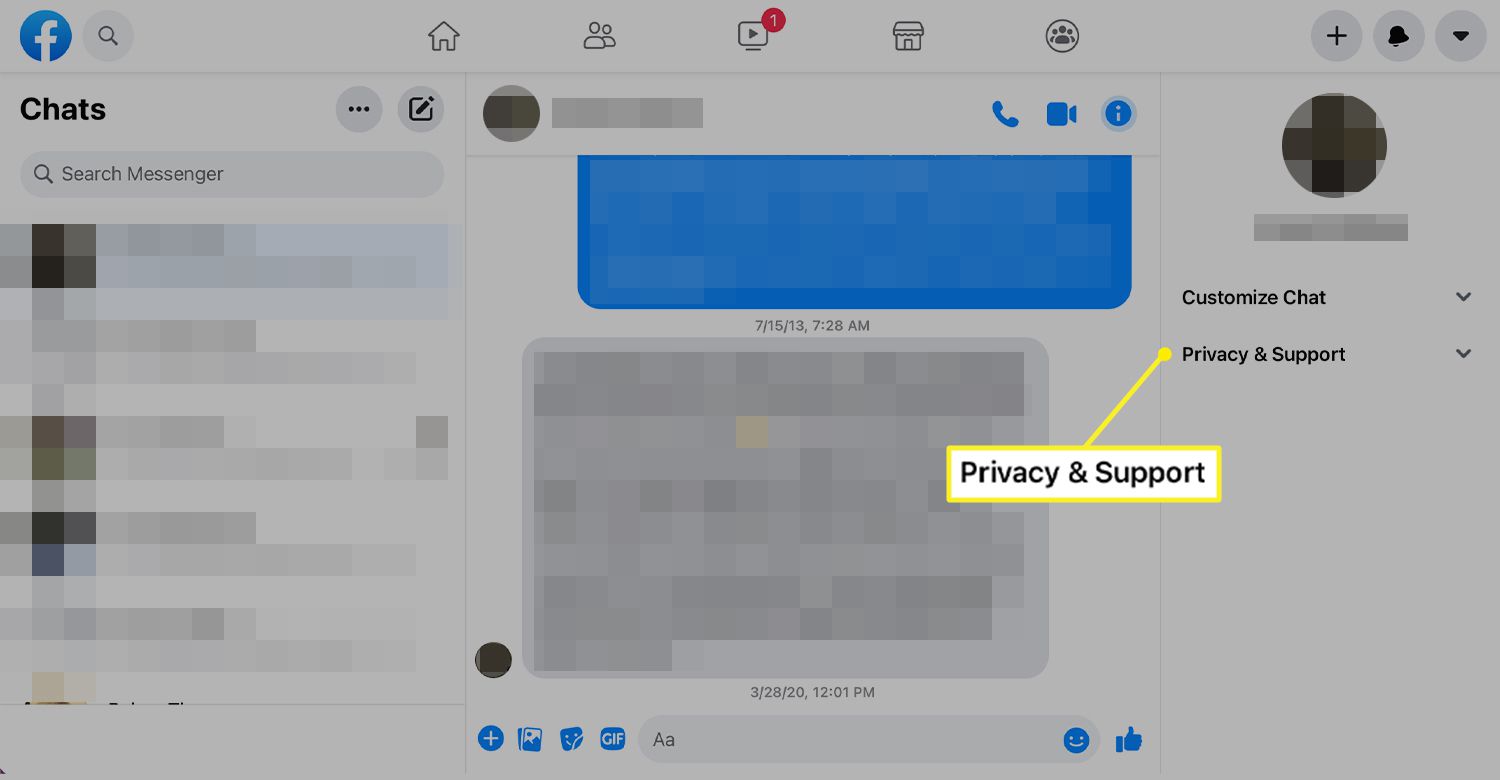 Menu do Messenger com privacidade e suporte selecionados