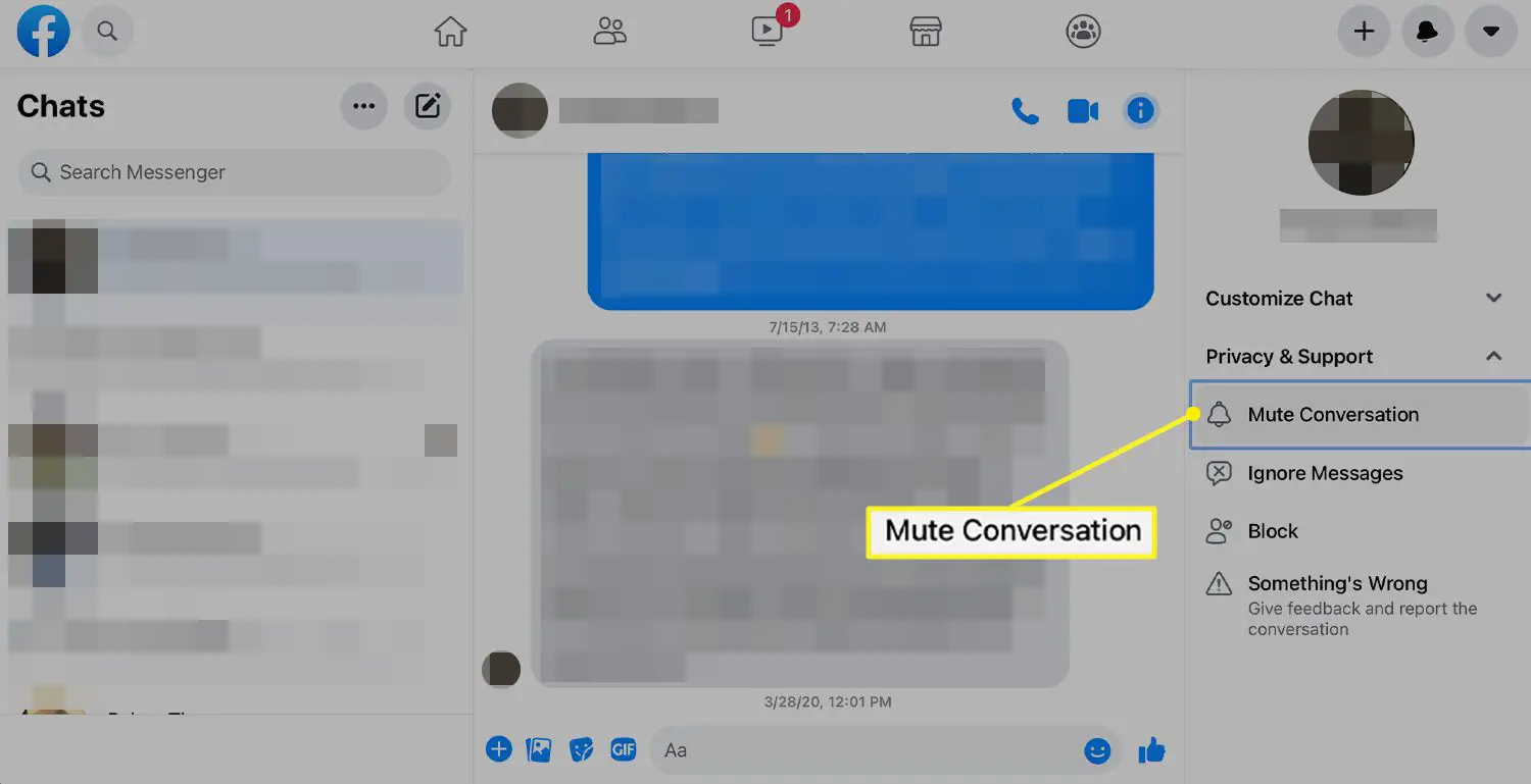 Menu Messenger com Mute Conversation 