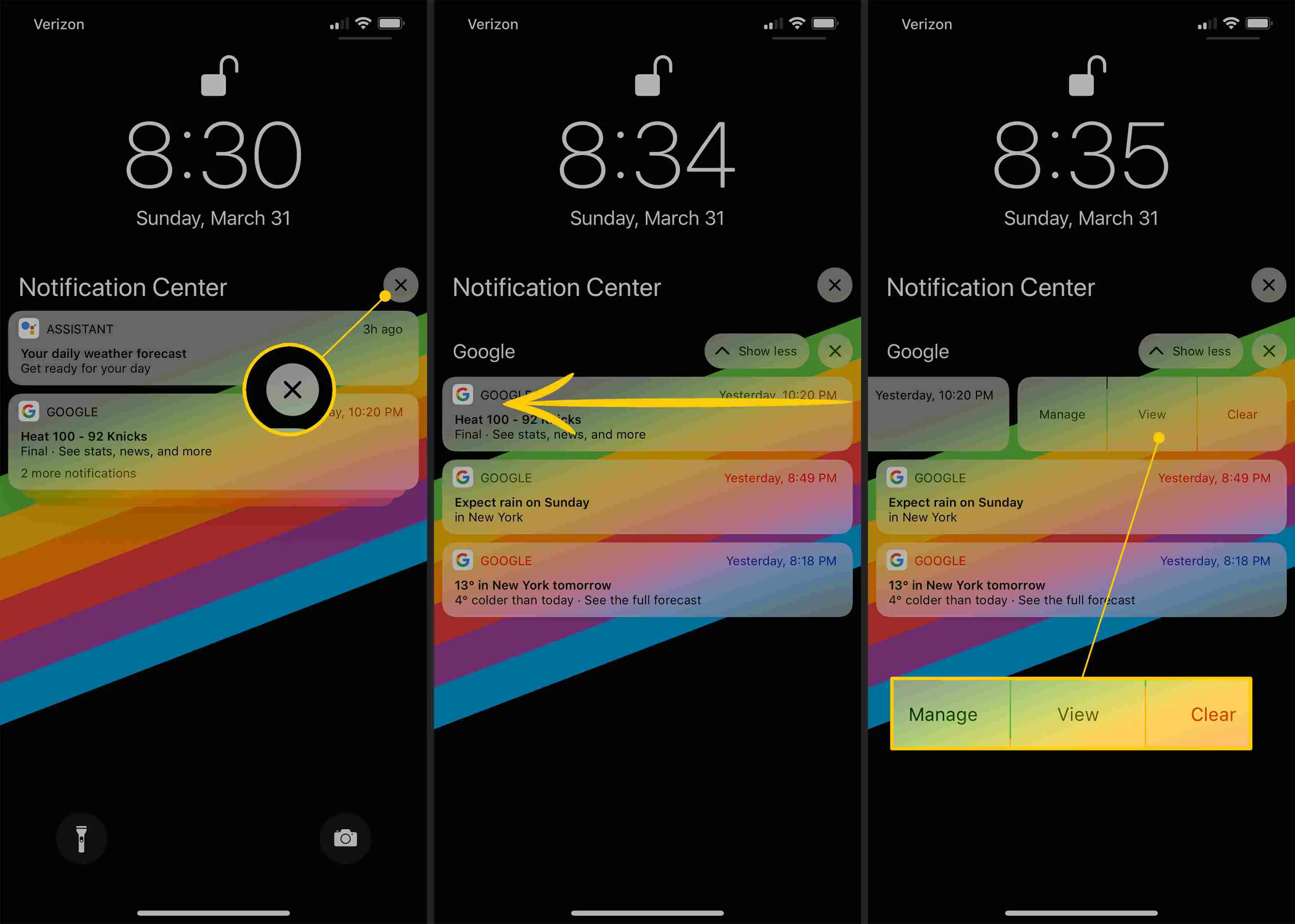 Botão X, gesto de deslizar, opções Gerenciar / Visualizar / Limpar para notificações de tela de bloqueio no iPhone X
