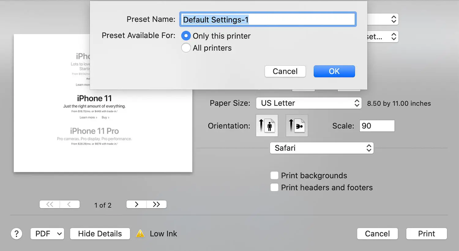 Tela de nomenclatura para impressora predefinida em um Mac