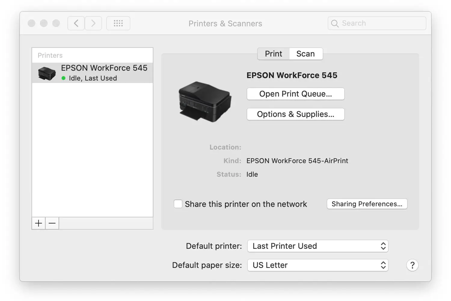 Preferências de impressoras e scanners em um Mac