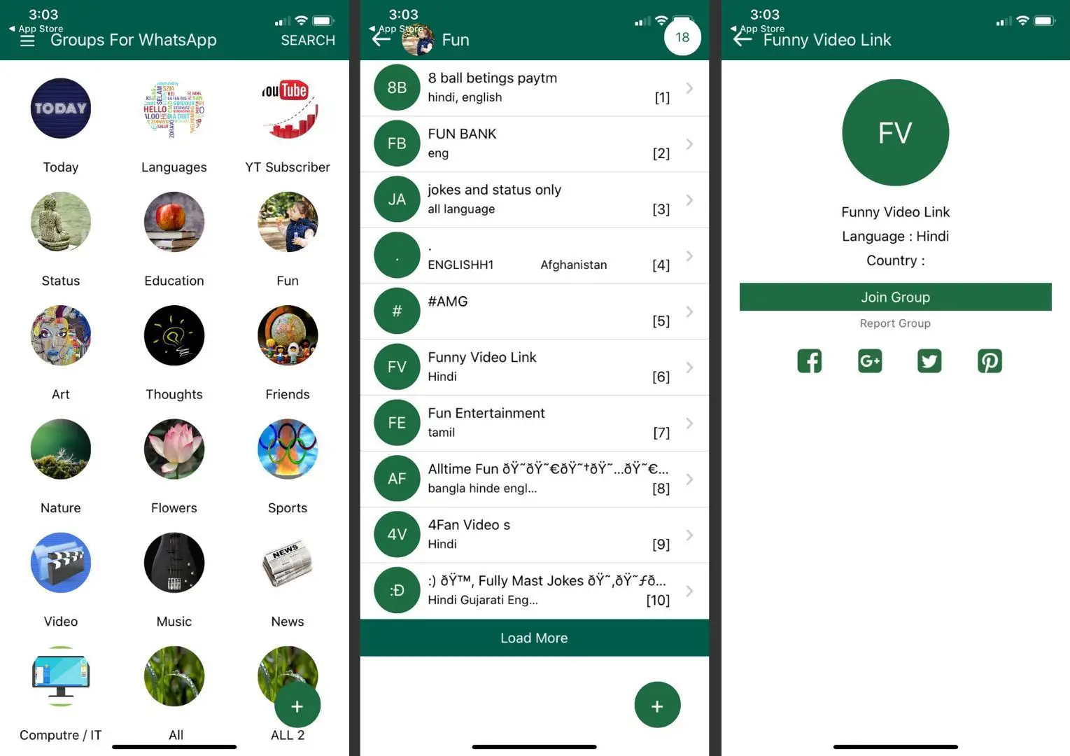 Três screenshots do aplicativo Groups for WhatsApp.