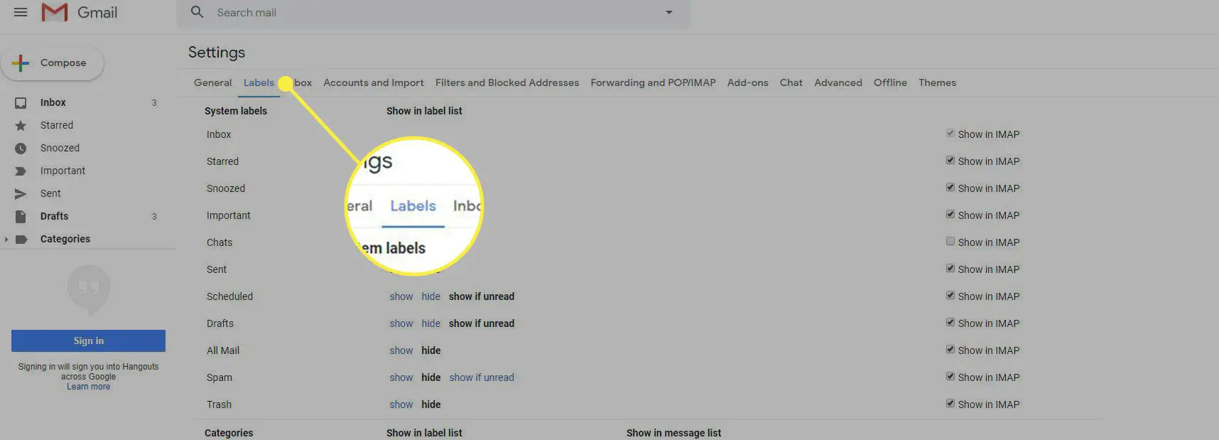 Uma captura de tela das configurações do Gmail com o título Marcadores destacado