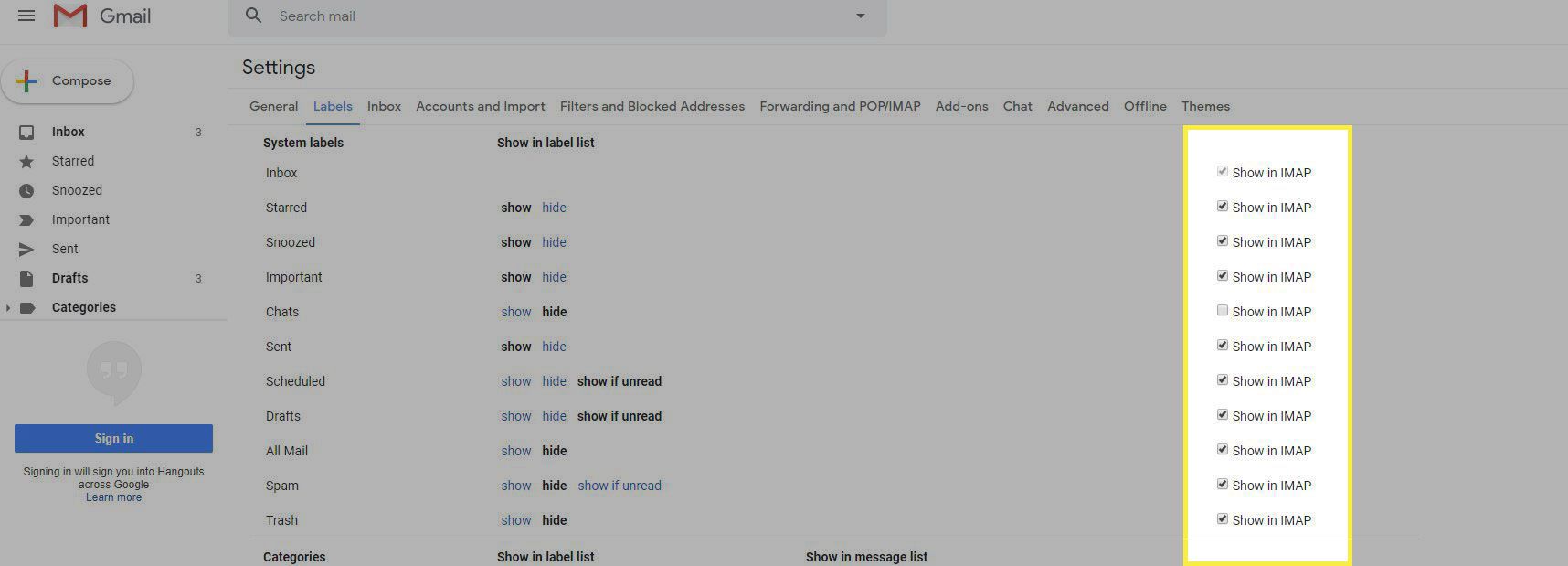Uma captura de tela da seção Marcadores das configurações do Gmail com a opção Mostrar no IMAP destacada