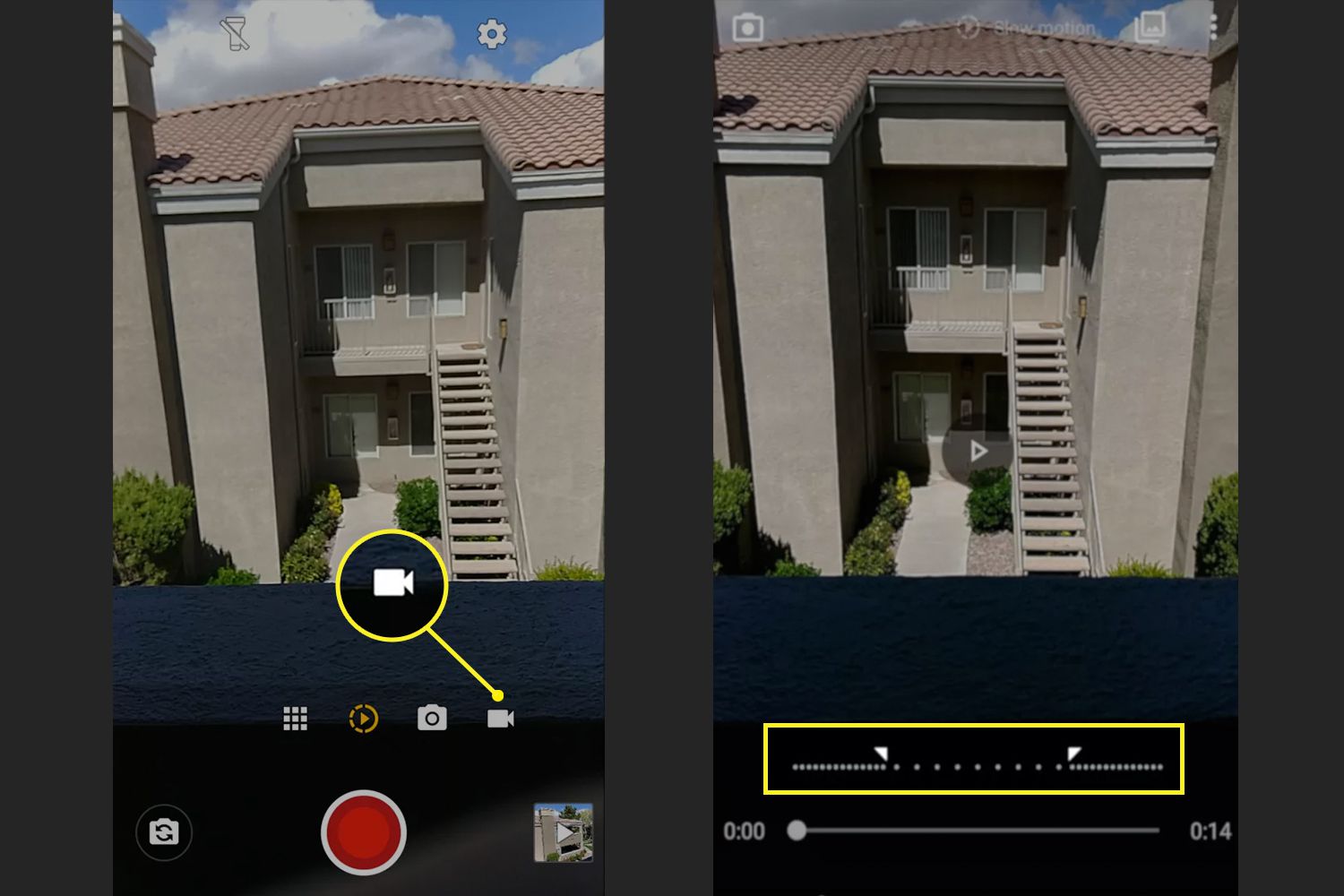 O aplicativo Moto Camera com a filmadora e a linha do tempo em câmera lenta destacados