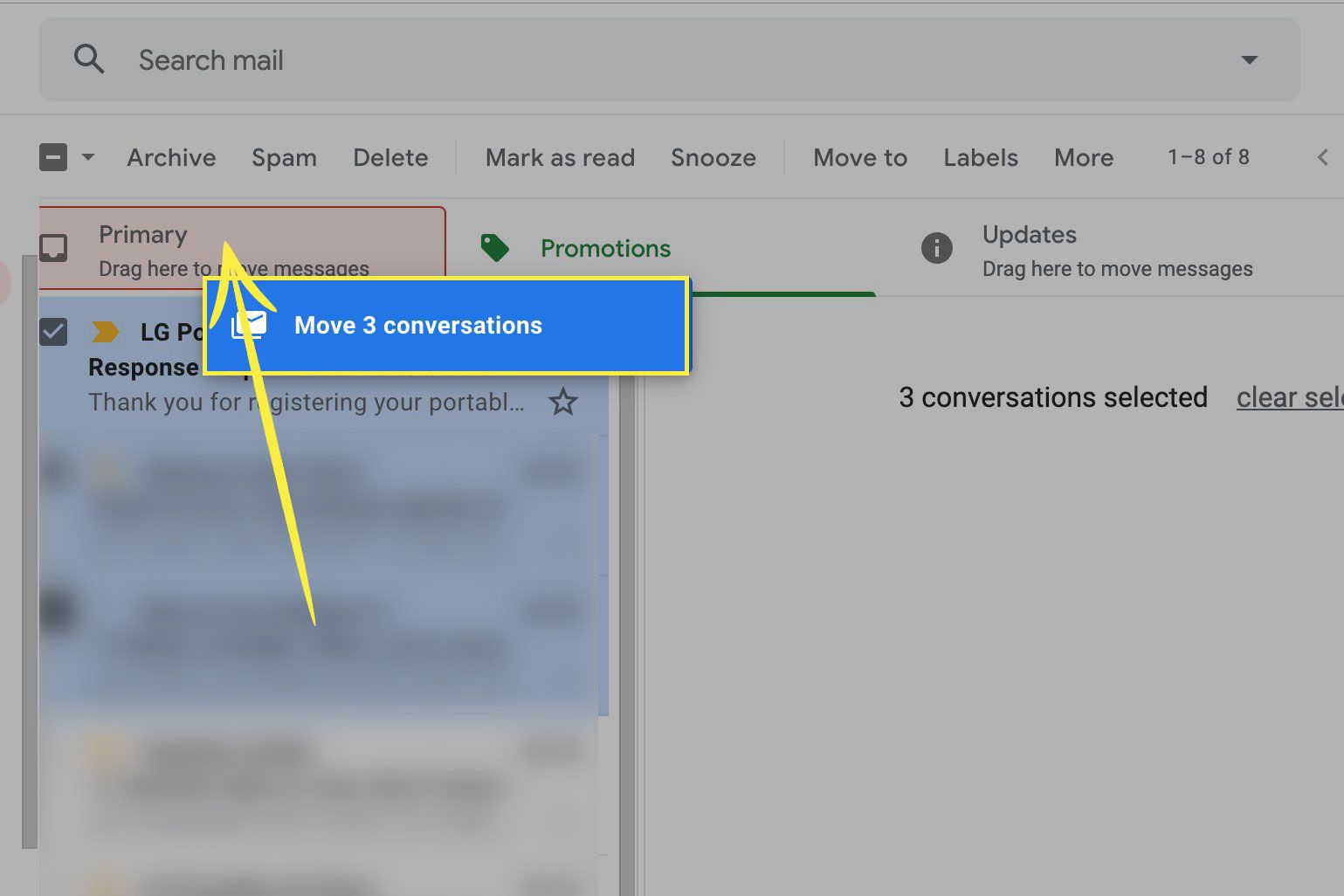 Arrastando mensagens para uma guia no Gmail