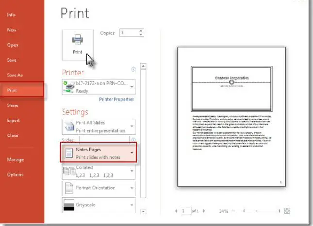 Captura de tela das configurações da impressora para imprimir anotações do orador do PowerPoint sem miniaturas de slides