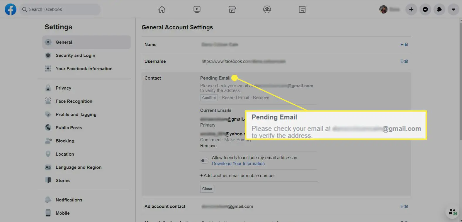 Facebook - mensagem solicitando que você verifique seu e-mail e verifique o endereço