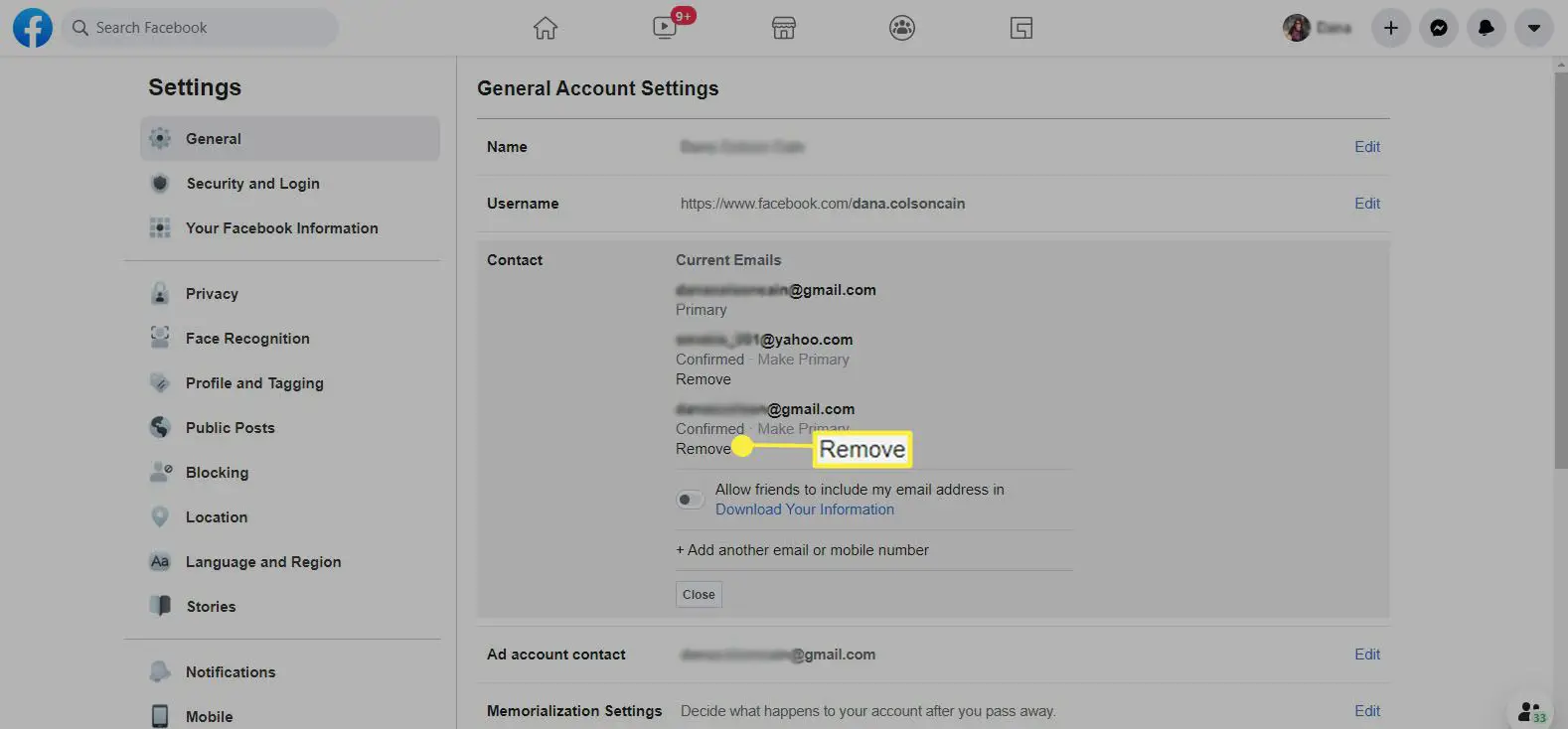 Facebook - remover endereço de e-mail antigo