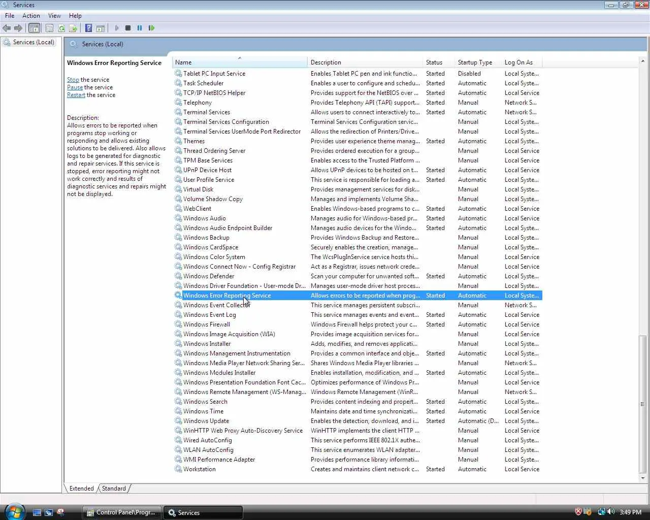 Configuração do Relatório de Erros do Windows em Serviços