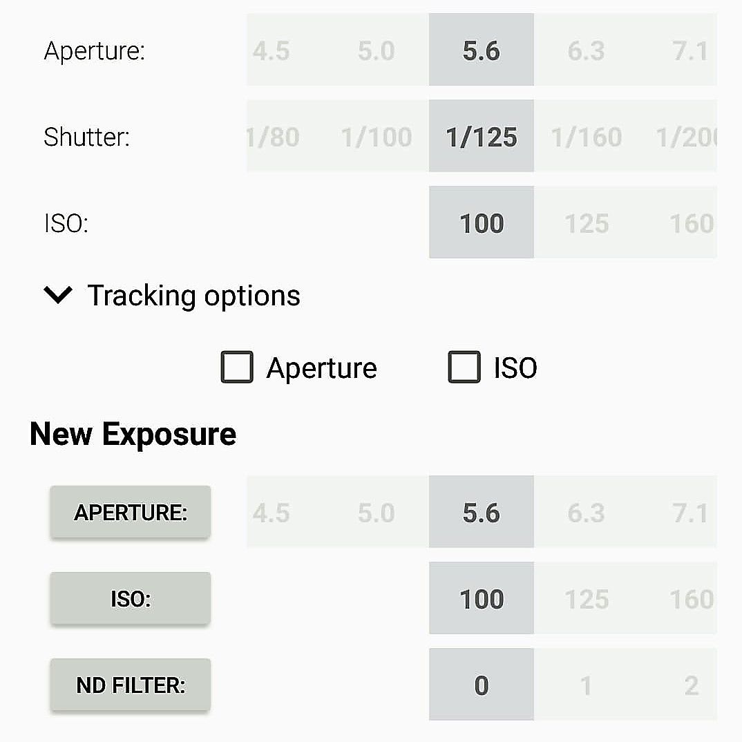 Aplicativo Calculadora de Exposição para Android solicitando que os usuários insiram as configurações