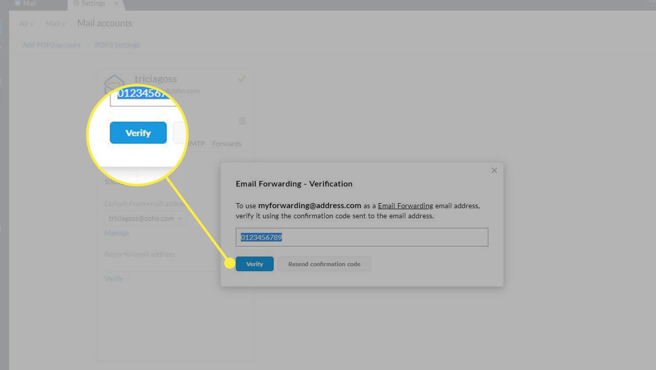 Uma captura de tela da janela de verificação de encaminhamento no Zoho Mail com o botão Verificar destacado