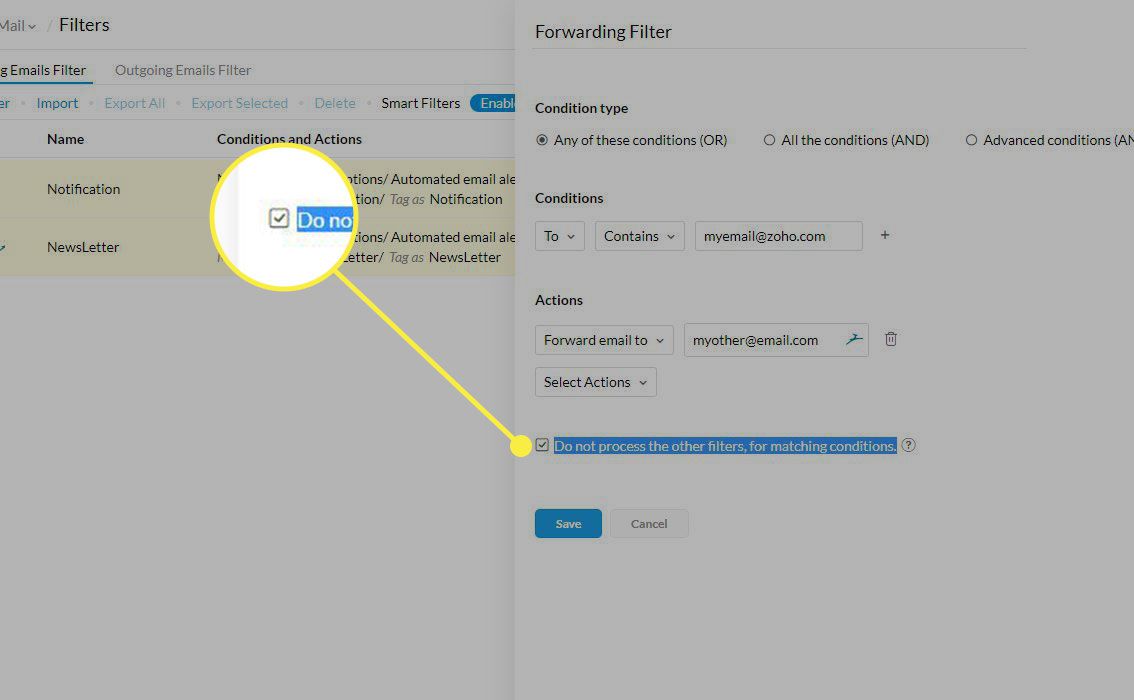 Uma captura de tela de um novo filtro no Zoho Mail com a caixa de seleção Do Not Process Other Filters destacada