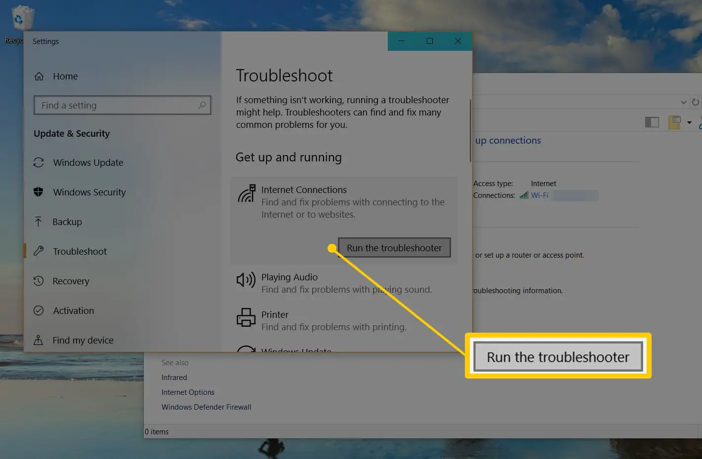 Execute a opção de solução de problemas na interface de solução de problemas do Windows 10