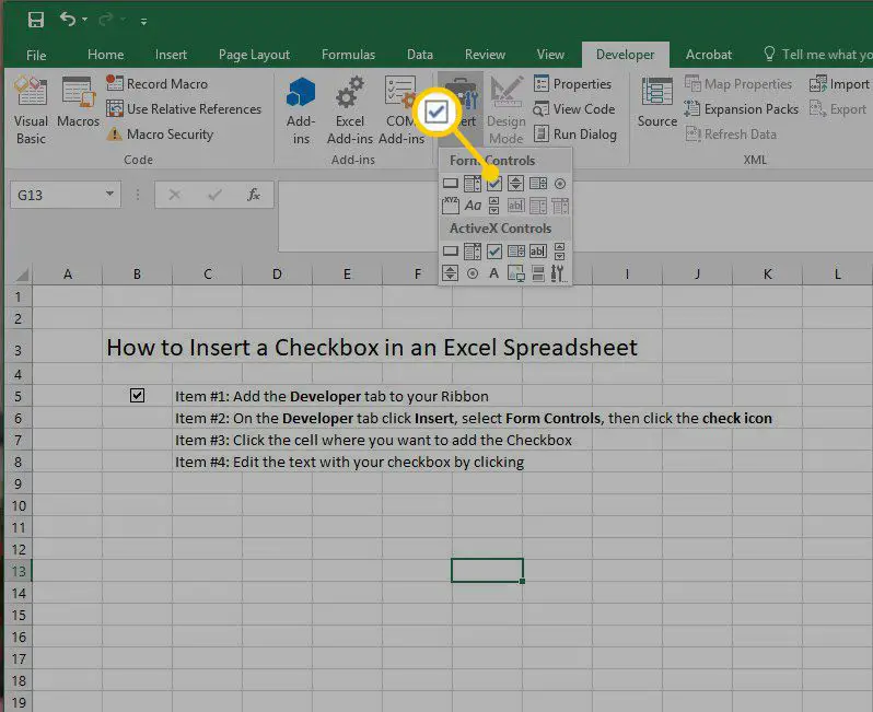 Controles de formulário usados ​​para inserir uma caixa de seleção no Excel