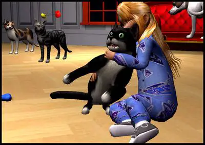 Criança segurando um animal de estimação virtual em uma cena de Sim 2 Animais de estimação