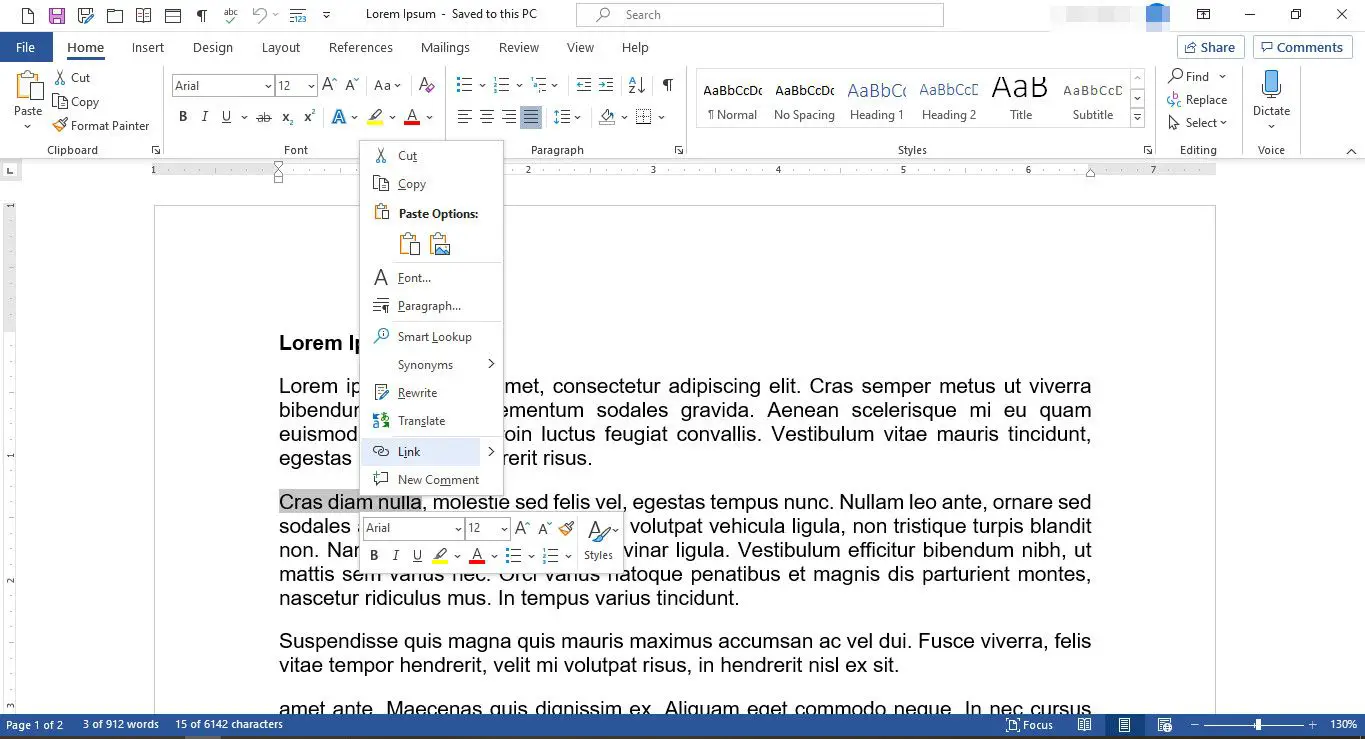Documento MS Word com menu de edição exibido