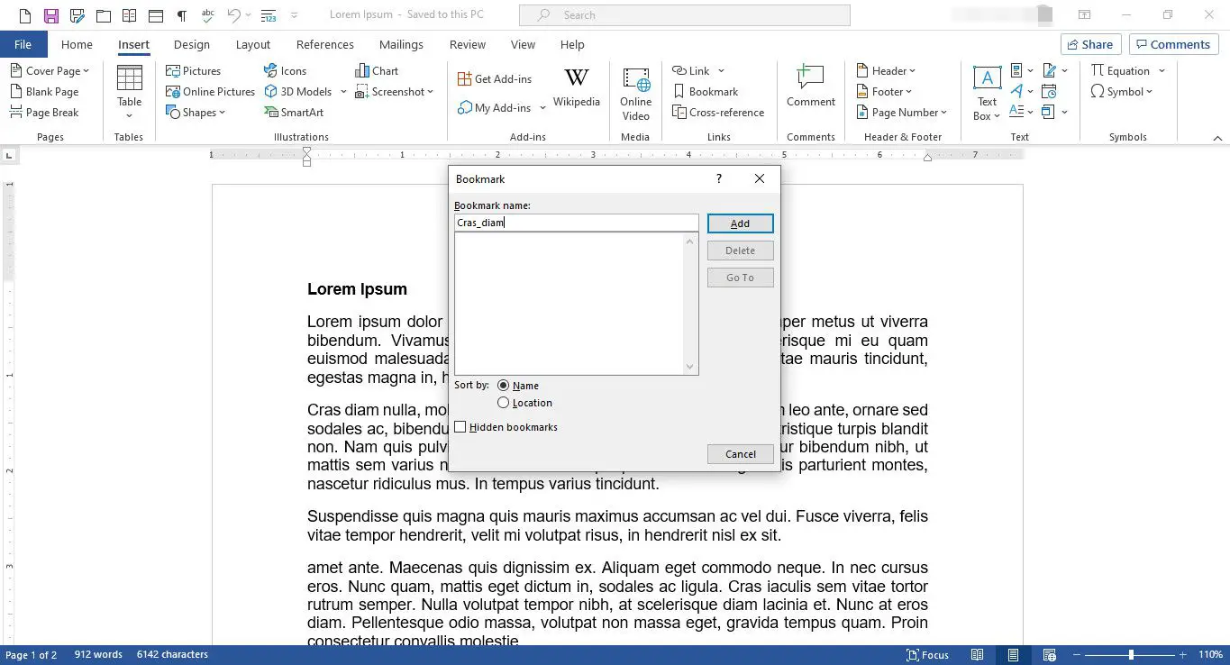 Documento do MS Word com caixa de diálogo Indicador exibida