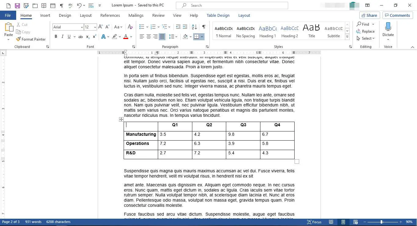 Documento MS Word com tabela inserida