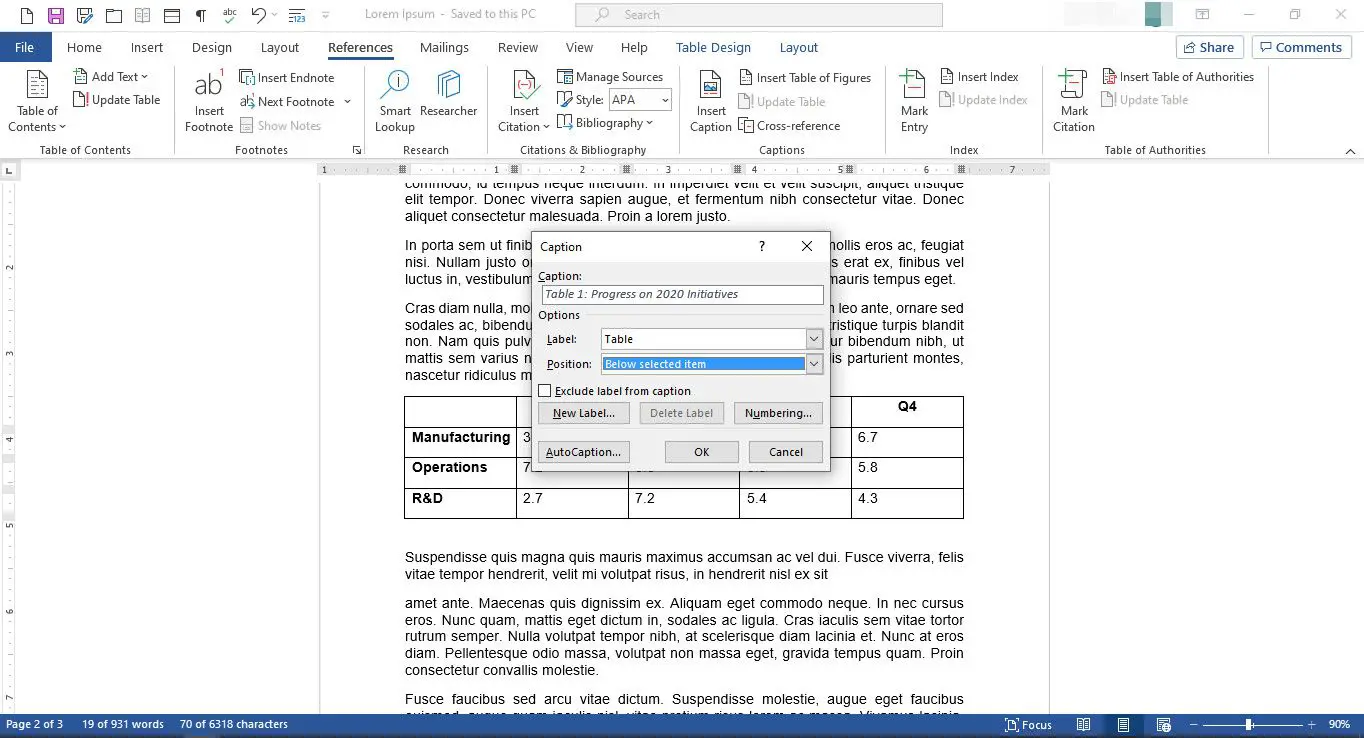 Documento do MS Word com a caixa de diálogo da legenda exibida