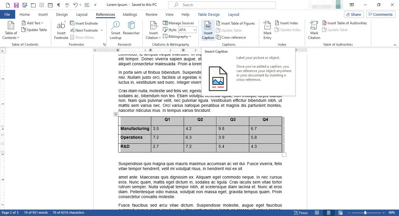 Documento do MS Word com o recurso Inserir legenda selecionado