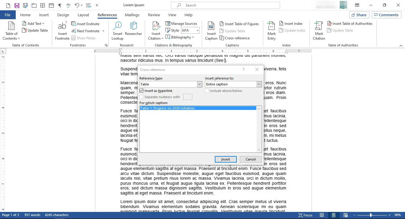 Documento do MS Word com caixa de diálogo de referência cruzada exibida