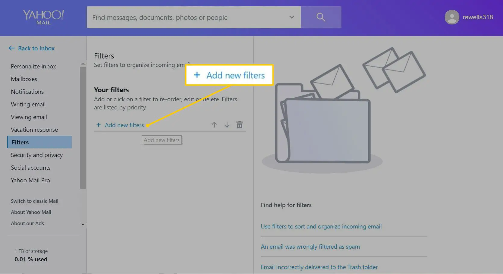 Adicionar novo botão de filtros no Yahoo Mail