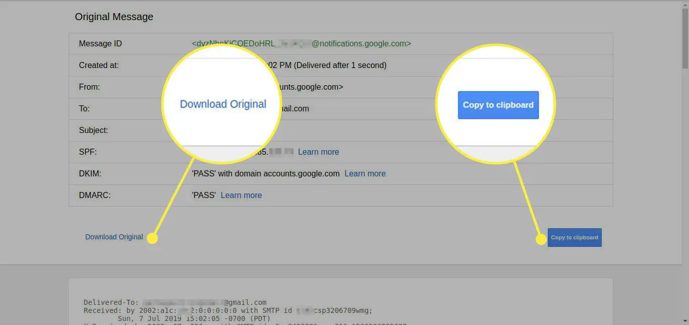 A fonte da mensagem no Gmail com as opções Baixar original e Copiar para a área de transferência destacadas