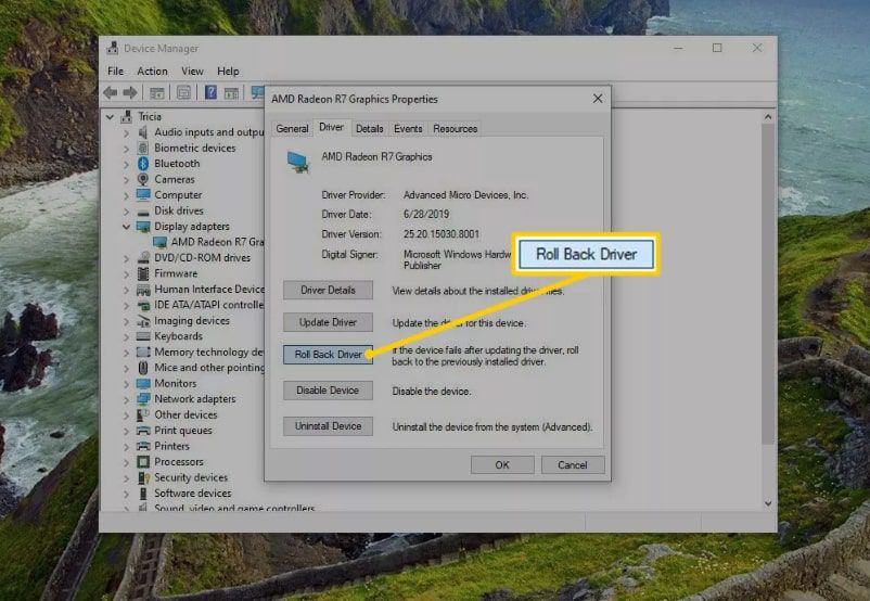 Opção Reverter driver no menu de propriedades de hardware do Windows