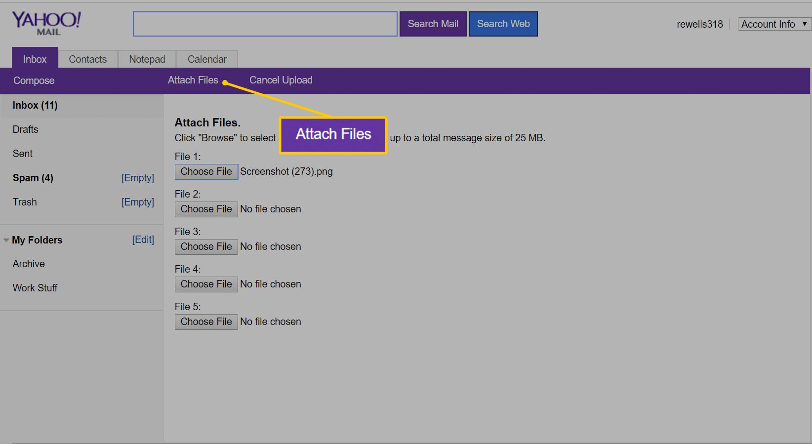 Botão Anexar arquivos no Yahoo Mail