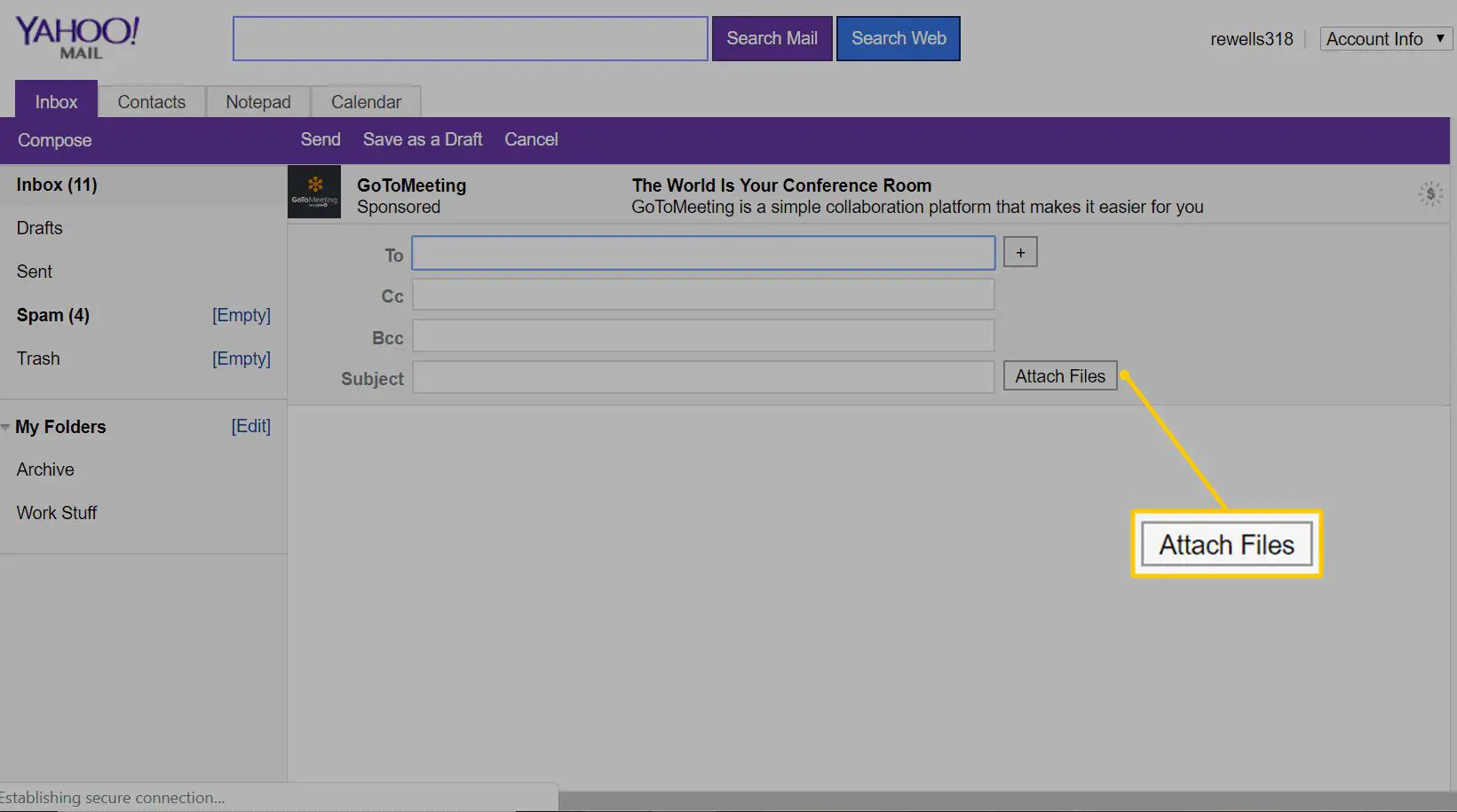 Botão para anexar arquivos no Yahoo Mail