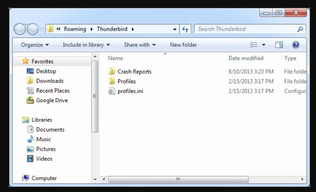 Captura de tela da pasta de perfil do Thunderbird no PC