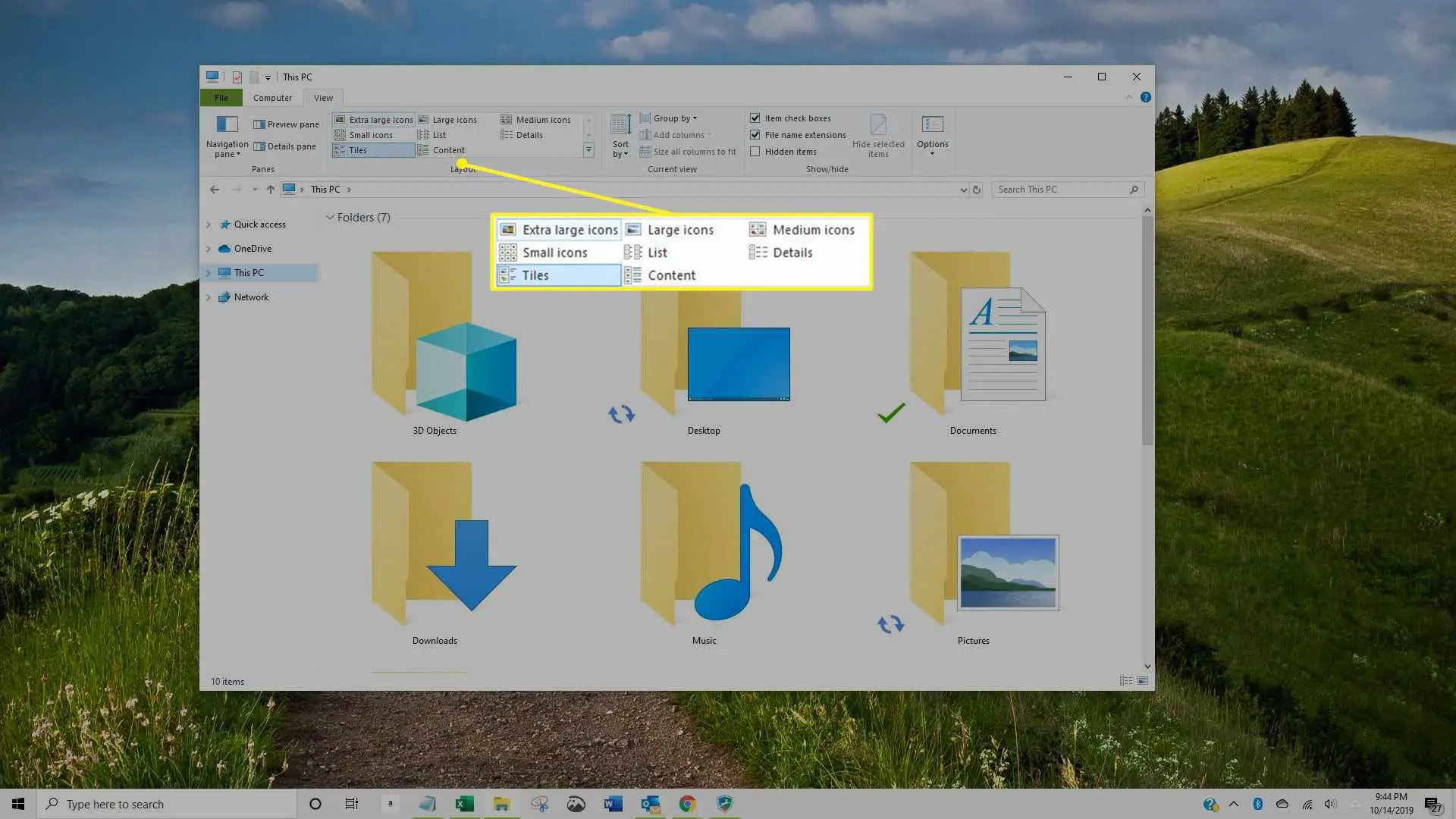 Opções na seção Layout da tela do Windows Explorer