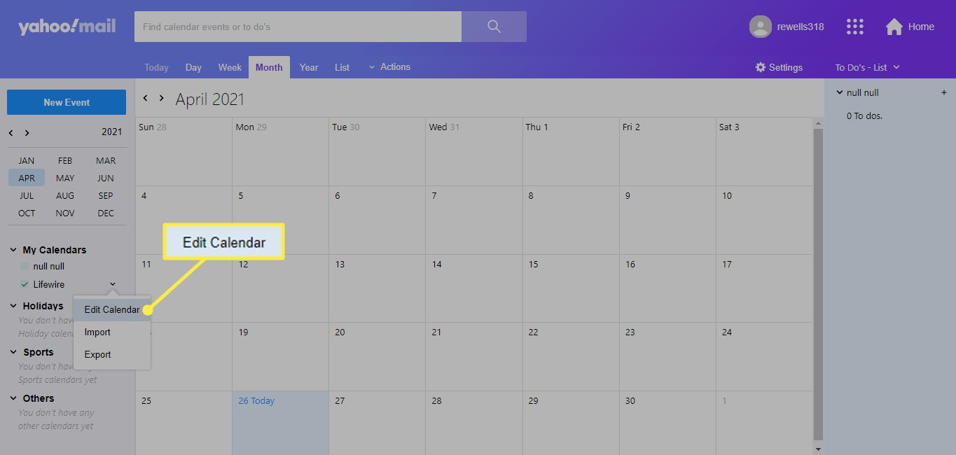 Editar calendário no Yahoo Calendars