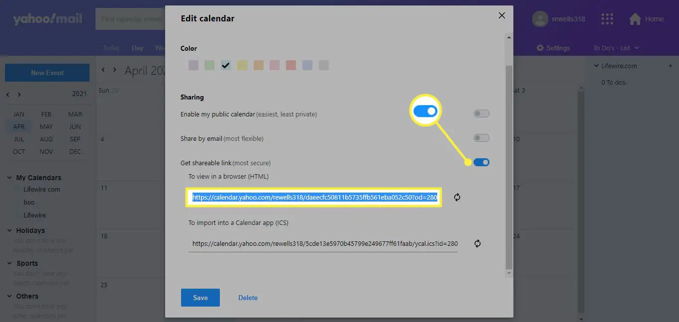 Obtenha a alternância de link compartilhável e URL na tela Editar calendário no Yahoo Calendars