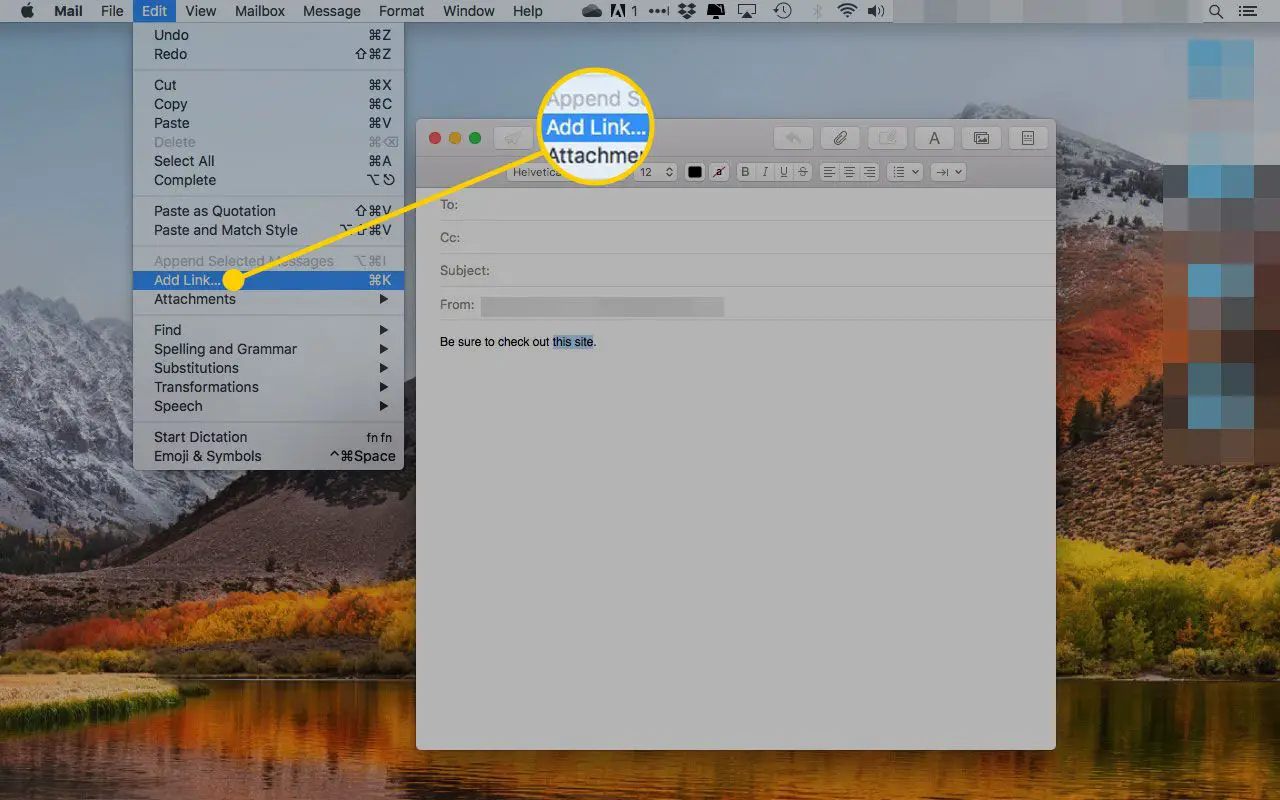 A opção Adicionar link no menu Editar no macOS Mail