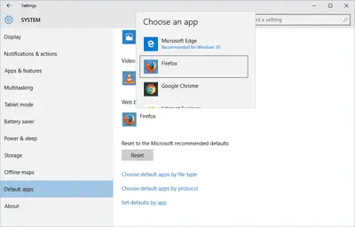 Captura de tela da alteração de programas padrão no aplicativo Configurações do Windows 10