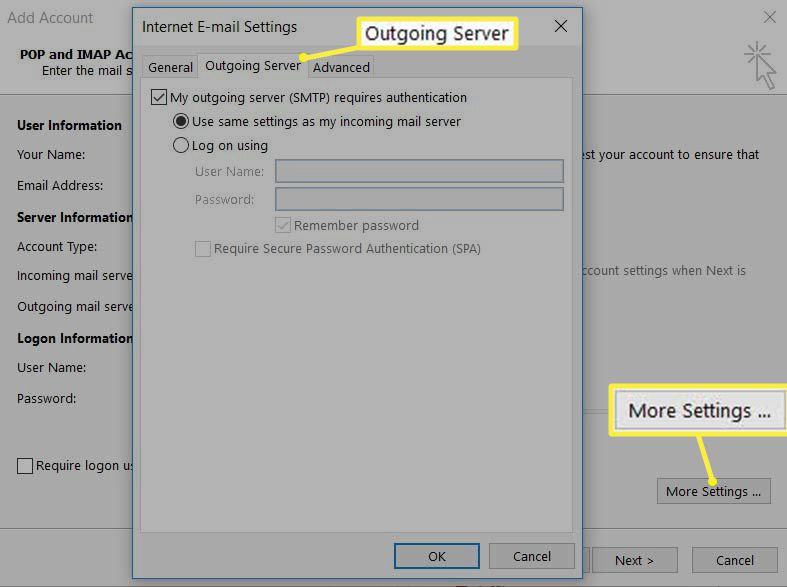 Configurações do servidor de saída do Outlook