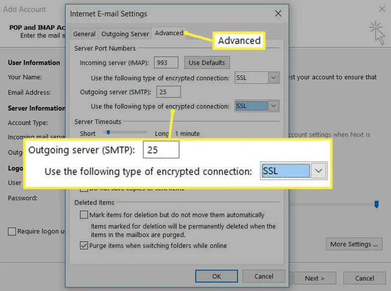 Configurações avançadas de IMAP do Outlook