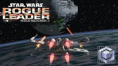 Um X-wing se aproxima da Estrela da Morte em Star Wars Rogue Leader Rogue Squadron II para GameCube.