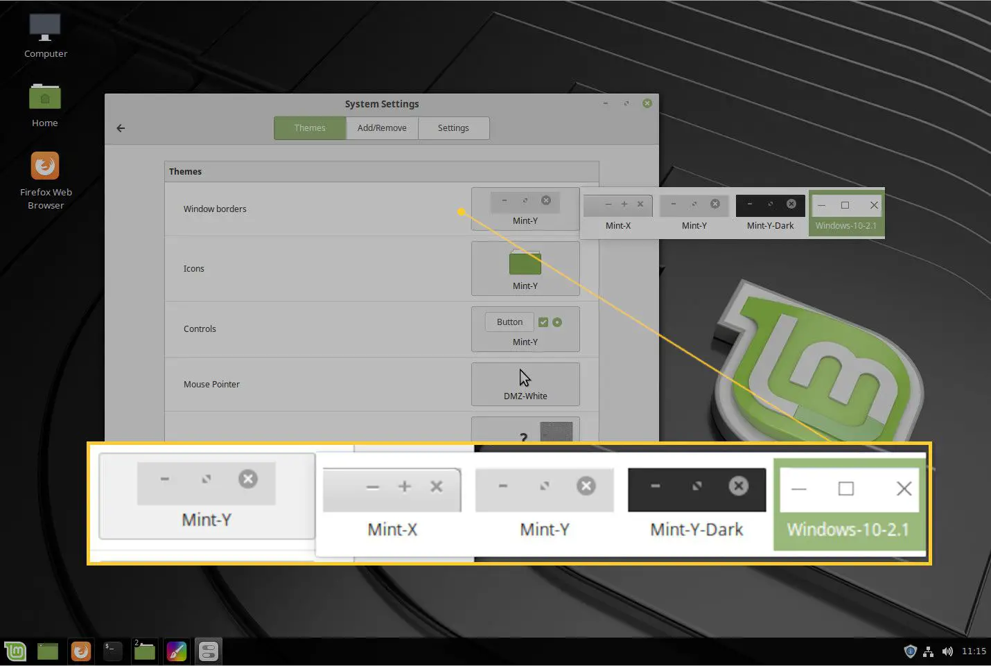 Captura de tela da configuração do tema recém-instalado.