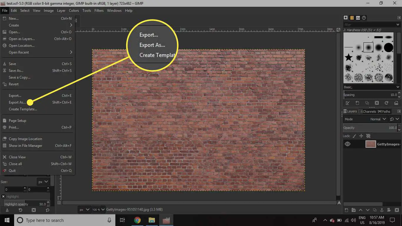 Uma captura de tela do GIMP com o comando Exportar como destacado