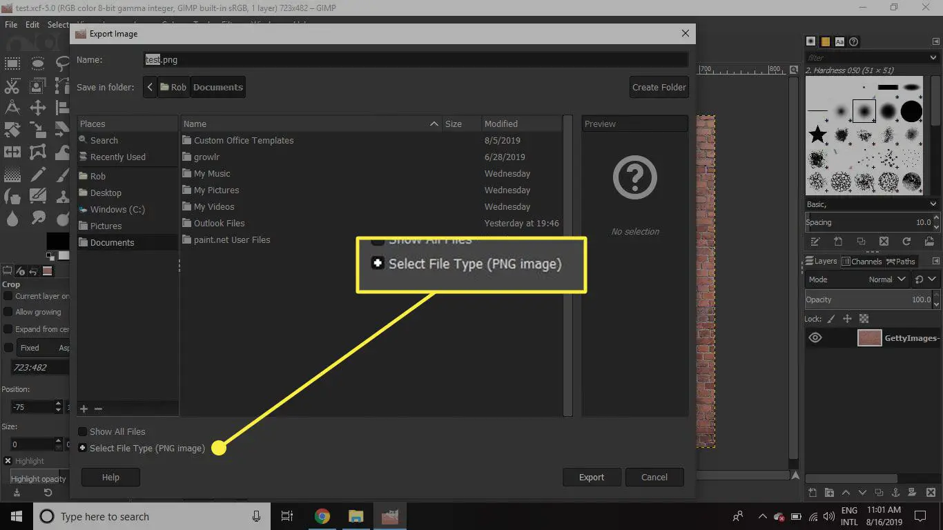 Uma captura de tela da janela Exportar no GIMP com o comando Selecionar Tipo de Arquivo destacado