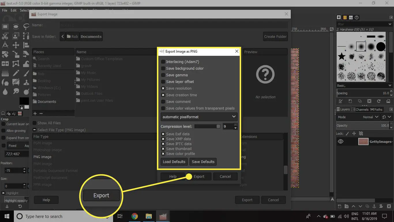 Uma captura de tela das configurações de exportação no GIMP com as opções e o botão Exportar destacados