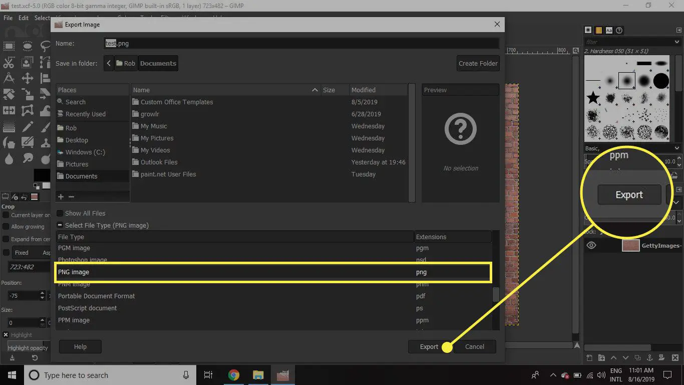 Uma captura de tela da tela Exportar imagem no GIMP com a opção PNG e o botão Exportar destacados