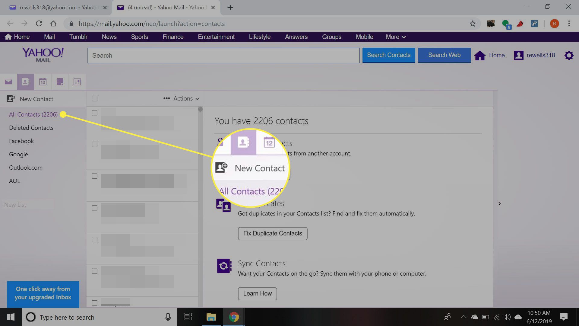 Página de contatos do Yahoo Mail com o botão Novo contato destacado