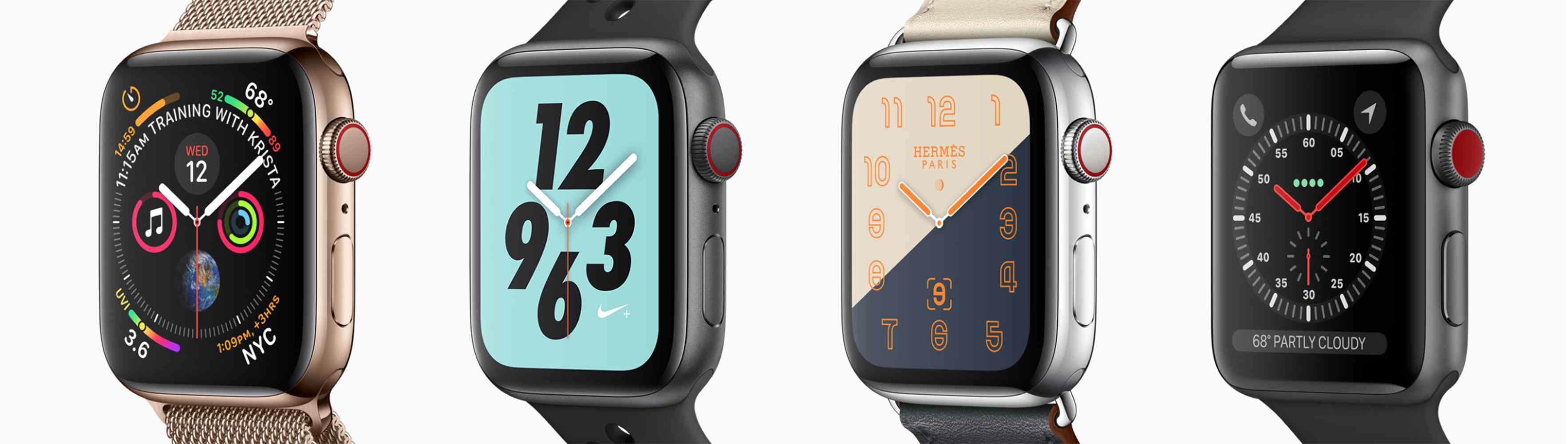 Quatro modelos de Apple Watch, com diferentes designs de mostradores